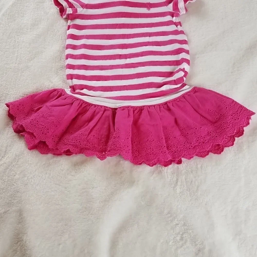Ralph Lauren Pink Striped Eyelet Lace Trim Tee Dre